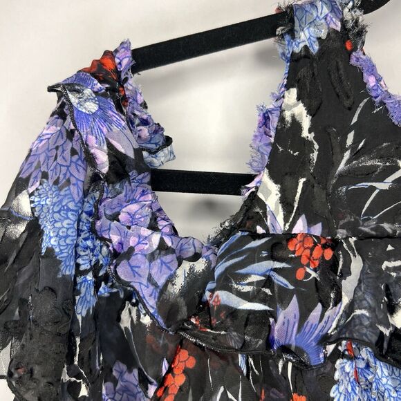 Alice + Olivia Size 10 Nichola Black Blue Red Cold Shoulder Ruffled Floral Dress - Picture 5 of 16